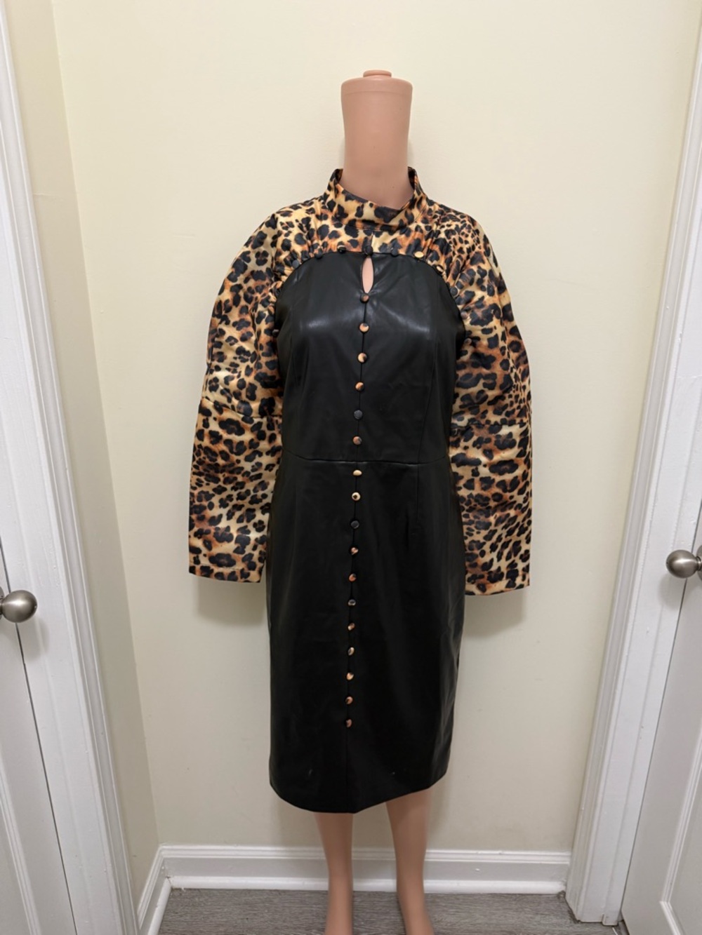 For Her NYC  Midi Dress Leather, Black Leopard Print  Size M